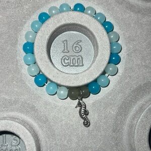 Blue and White Beaded Bracelet with Seahorse Charm